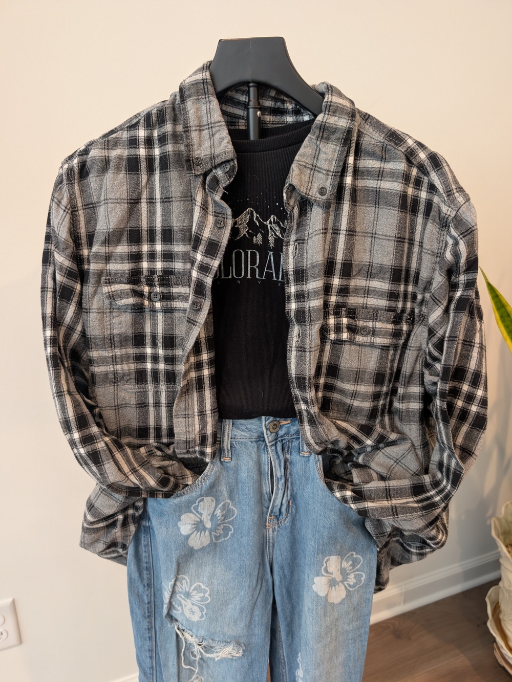 George Men's XL Gray/Black Plaid Flannel Cotton Long Sleeve Button-Down Shirt